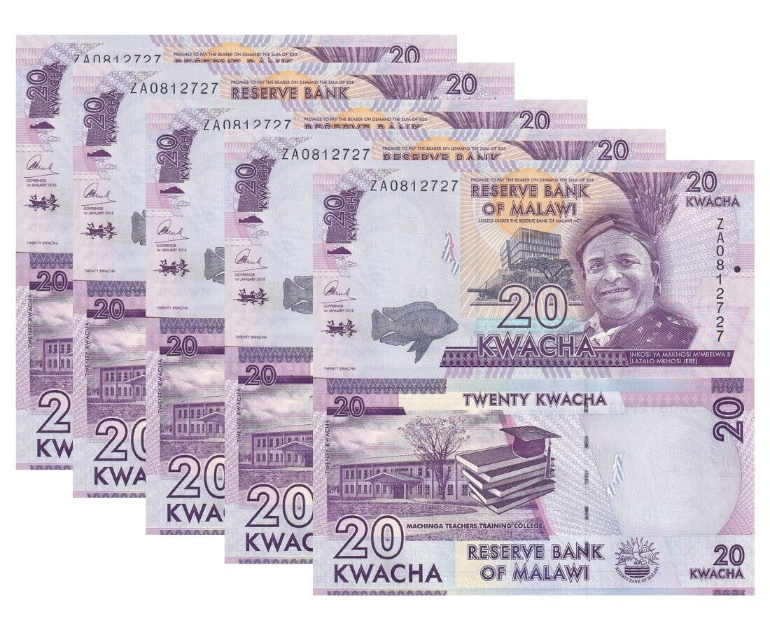 Malawi 20 Kwacha 2016 P 63 c ZA PREFIX REPLACEMENT UNC LOT 5 PCS
