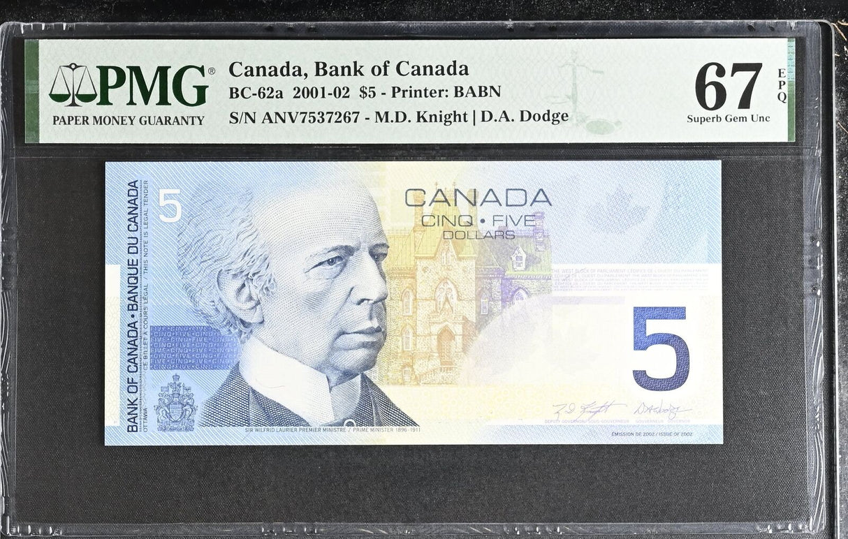 Canada 5 Dollars 2001-2002 P 101 Knight,Dodge BC-62a Superb Gem UNC PMG 67 EPQ