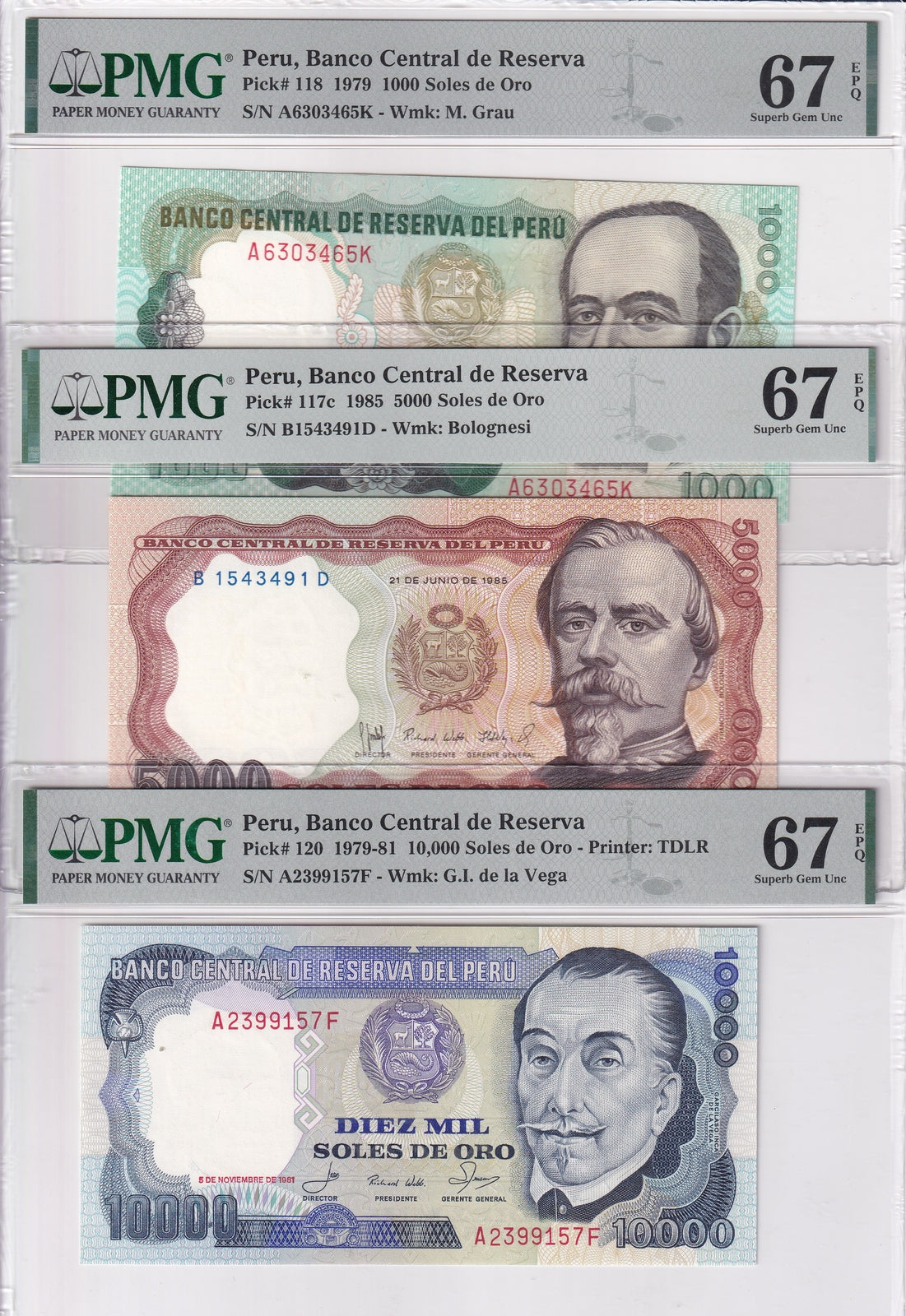 Peru Set 3;1000 5000 10K Soles 1979-85 P 117 118-120 Superb Gem UNC PMG 67 EPQ