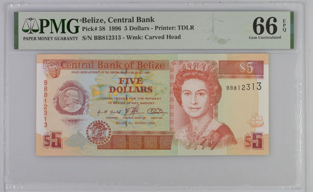 Belize 5 Dollars 1996 P 58 Gem UNC PMG 66 EPQ