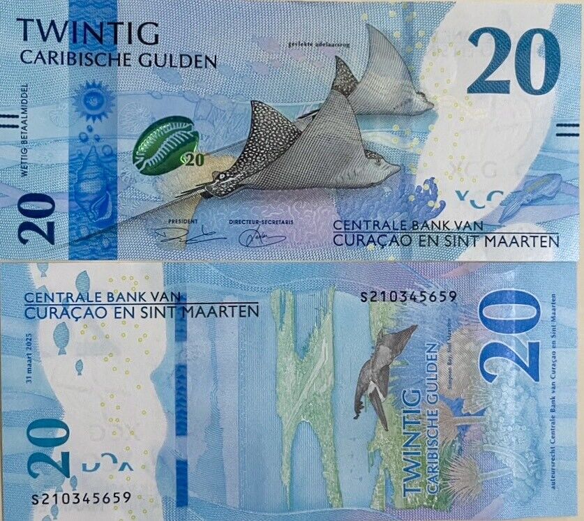 CURACAO & St MAARTEN 20 Gulden 2025 P 2 NEW Spotted eagle ray UNC