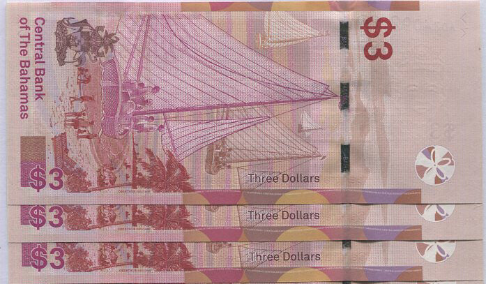 Bahamas 3 Dollars 2019 P 78 UNC Lot 3 Pcs