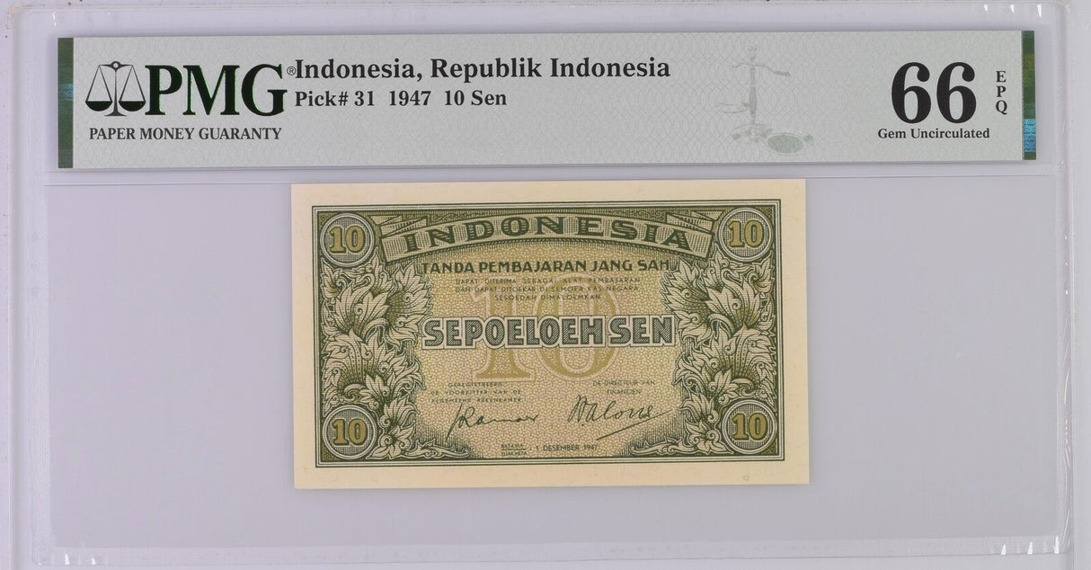 Indonesia 10 Sen 1947 P 31 Gem UNC PMG 66 EPQ