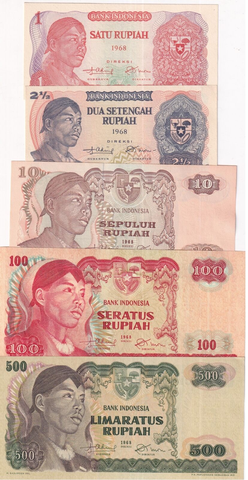 Indonesia Set 5 PCS 1 2 1/2 10 100 500 Rupiah 1968 P 102 103 105 108 109 UNC