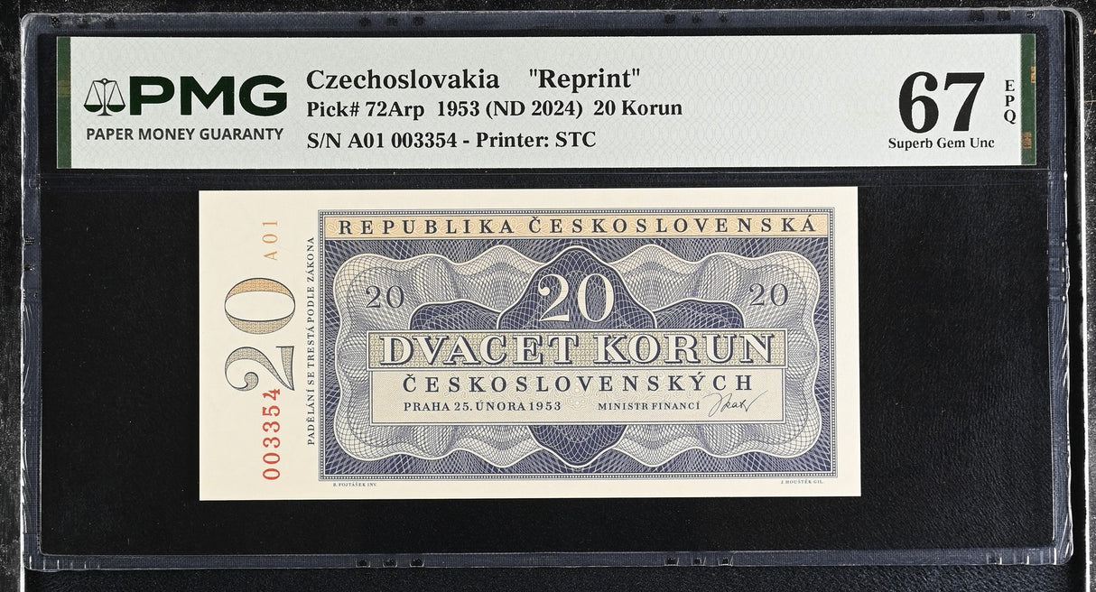 Czechoslovakia 20 Korun 1953 ND 2024 P 72Arp Reprint Superb Gem UNC PMG 67 EPQ