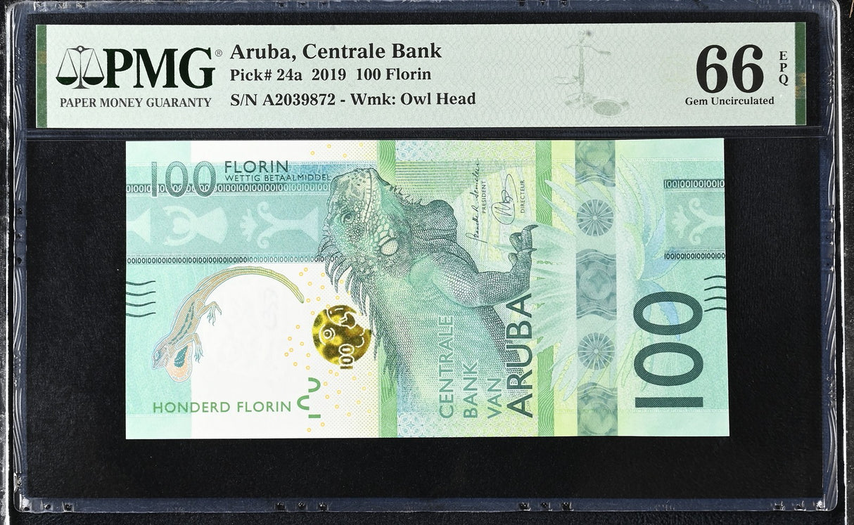 Aruba 100 Florins 2019 P 24 a Iguana verde Gem UNC PMG 66 EPQ