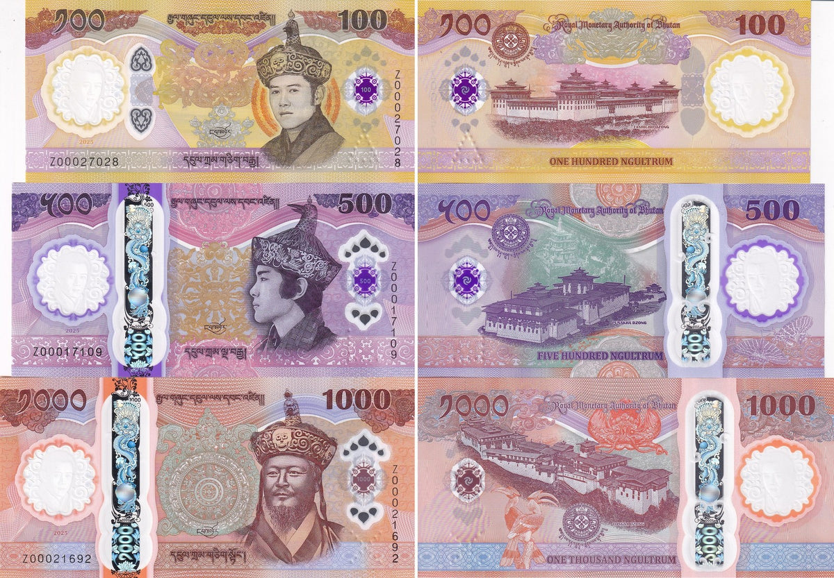 Bhutan SET 3 UNC 100 500 1000 Ngultrum 2025 2026 NEW Z Polymer Replacement