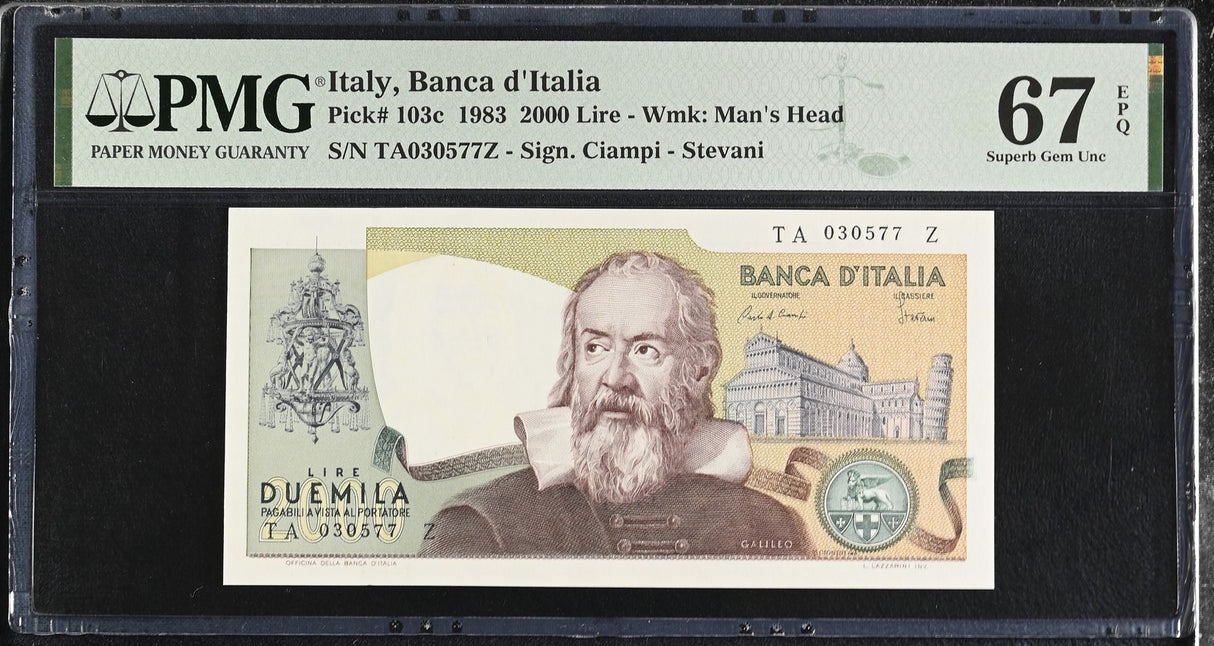 Italy 2000 Lire 1983 P 103 c Superb Gem UNC PMG 67 EPQ