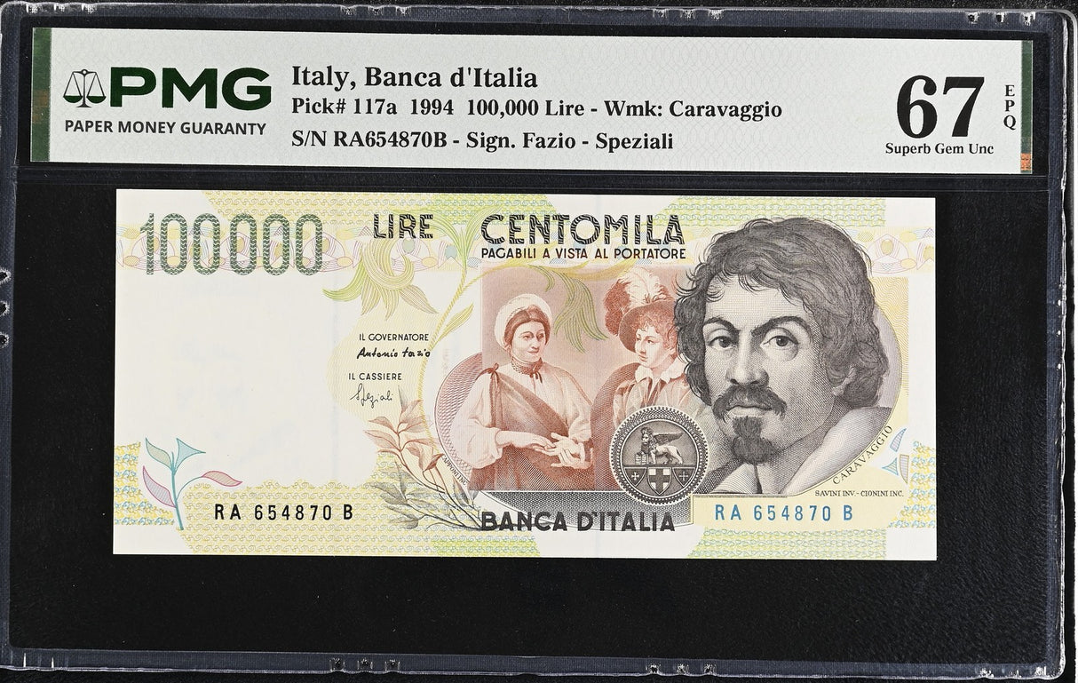 Italy 100000 Lire 1994 P 117 a Fazio & Speziali Superb Gem UNC PMG 67 EPQ
