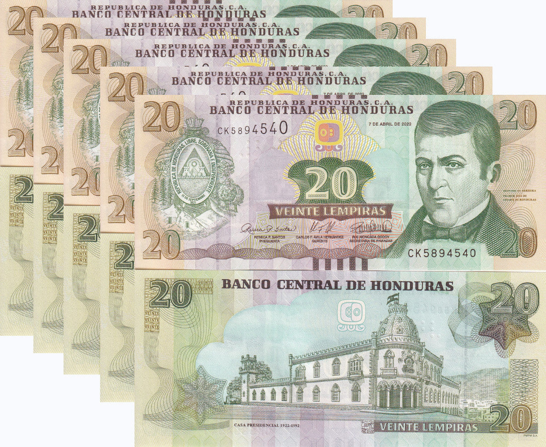 Honduras 20 Lempiras 2022 P 100 UNC LOT 5 PCS