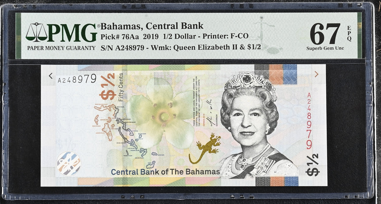 Bahamas 1/2 Dollar 2019 P 76Aa Superb Gem UNC PMG 67 EPQ