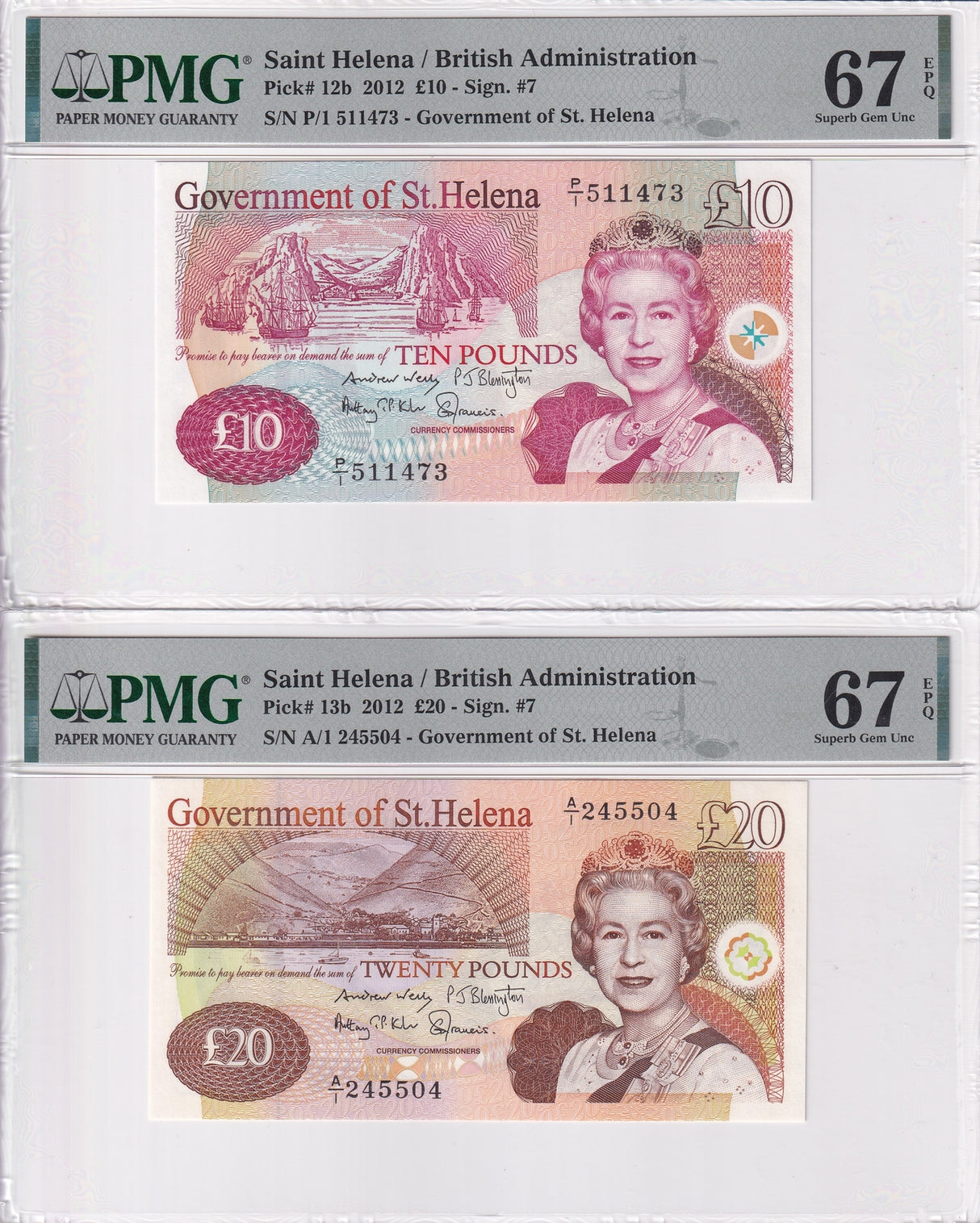 St. Helena Set 2 ; 10 20 Pounds 2012 P 12 P 13 Superb Gem UNC PMG 67 EPQ