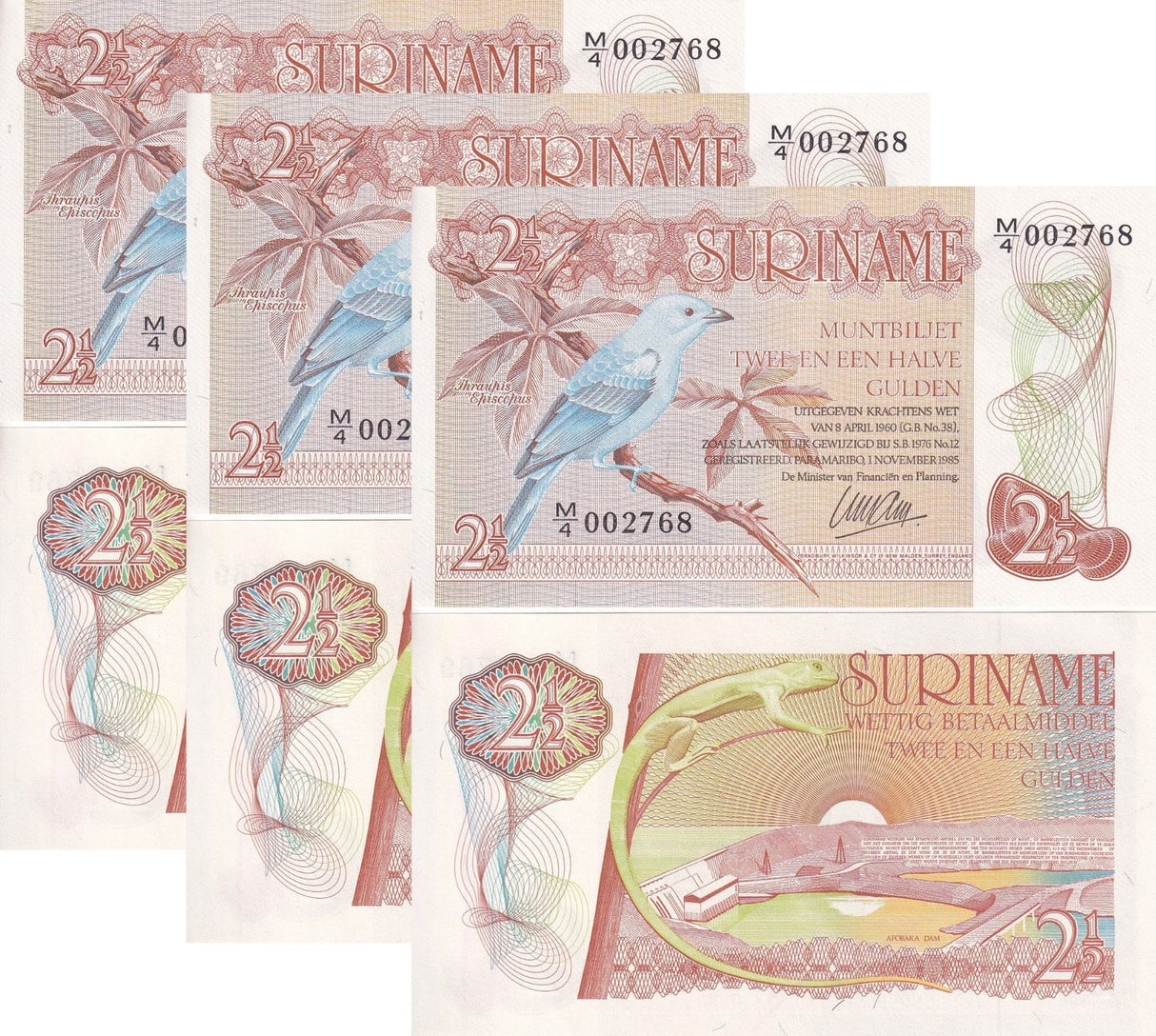 Suriname 2 1/2 Gulden 1985 P 119 UNC LOT 3 PCS