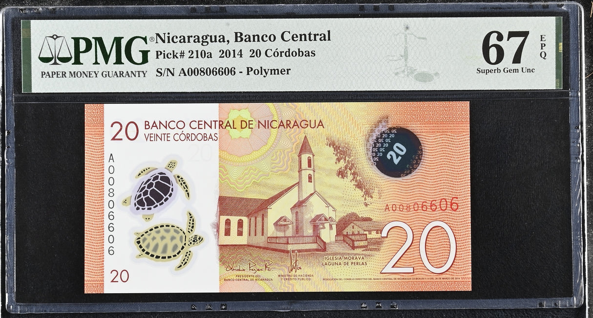 Nicaragua 20 Cordobas 2014 P 210 a Polymer Superb Gem UNC PMG 67 EPQ