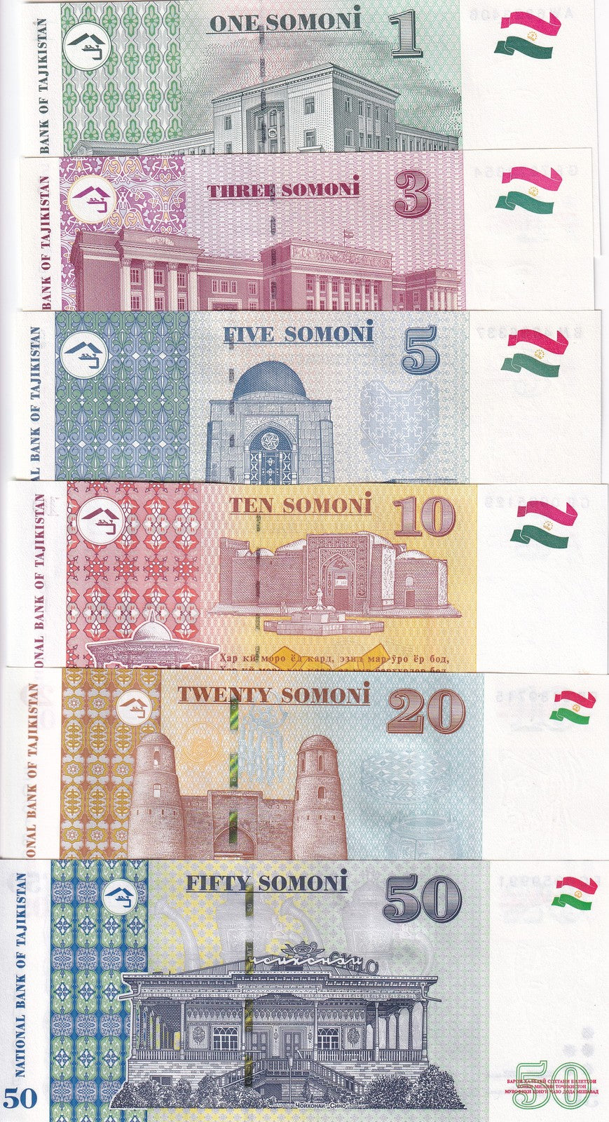 Tajikistan Set 6 UNC 1 3 5 10 20 50 Somoni 1999 - 2025 P 14A 15 20 24 25 26