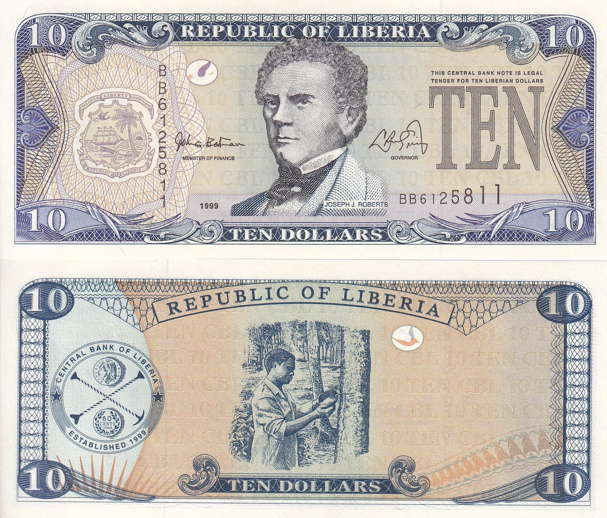 Liberia 10 Dollars 1999 P 22 UNC
