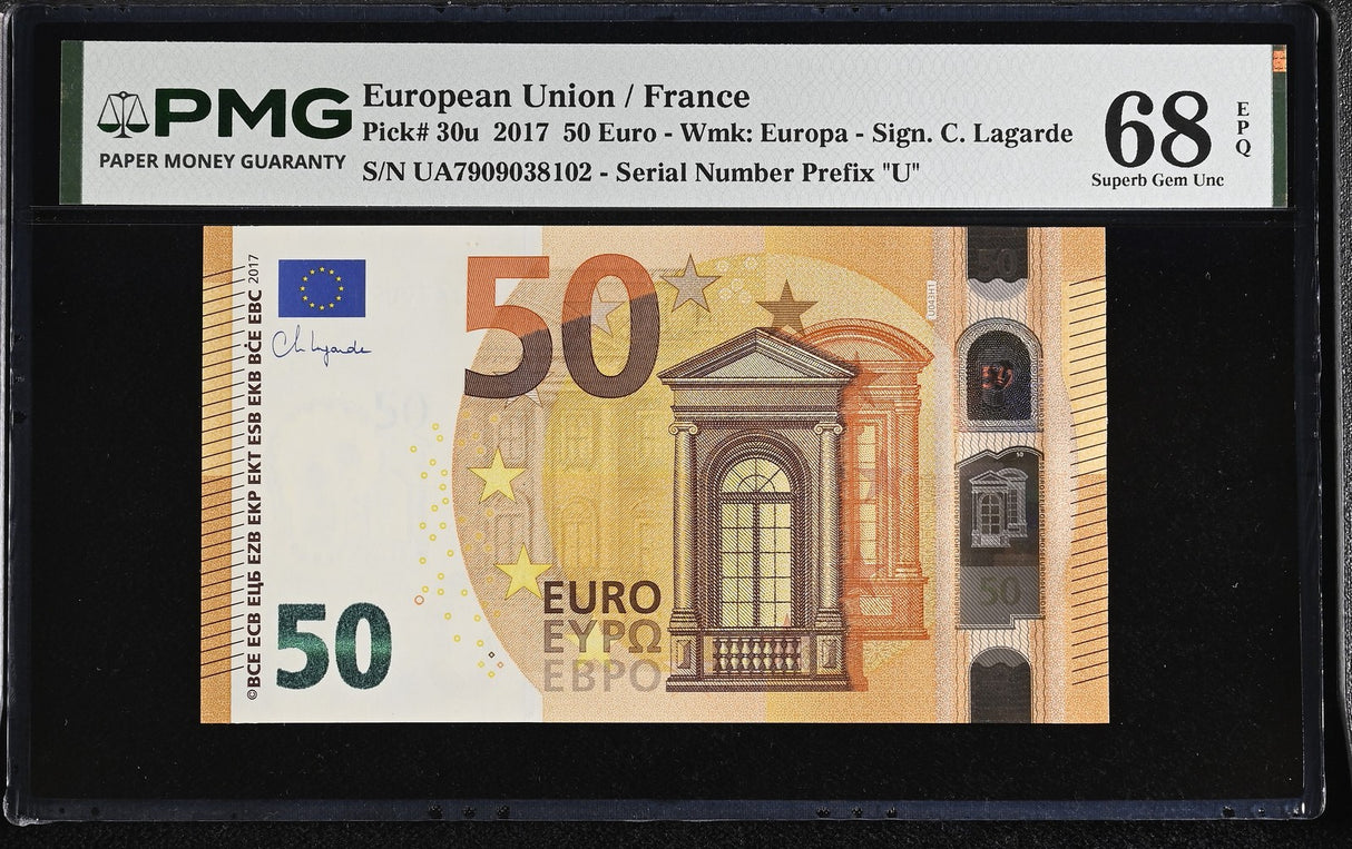 Euro 50 Euro 2017 France P 30 UA Prefix Superb Gem UNC PMG 68 EPQ