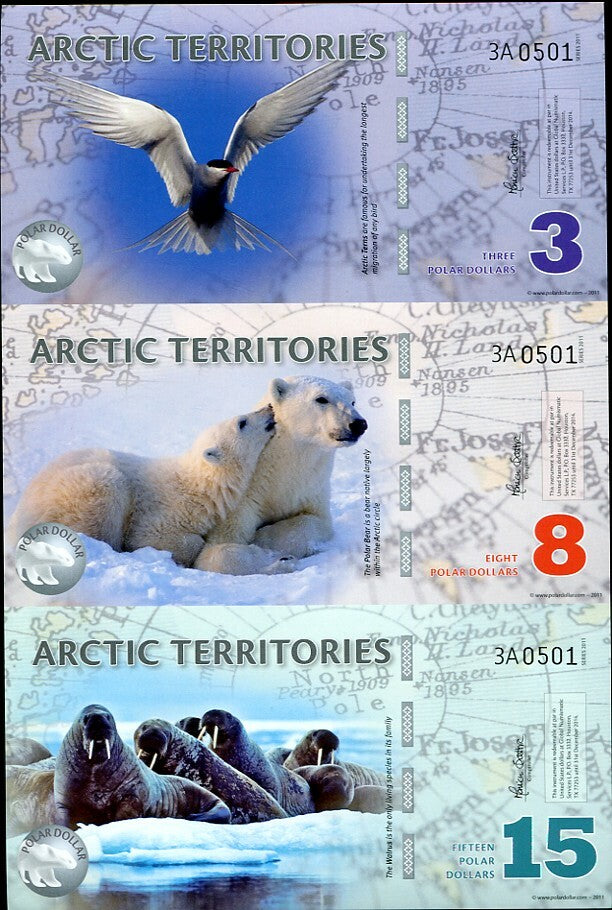Arctic Territories 3 8 15 DOLLAR SERIES "A" UNCUT SHEET 3 UNC