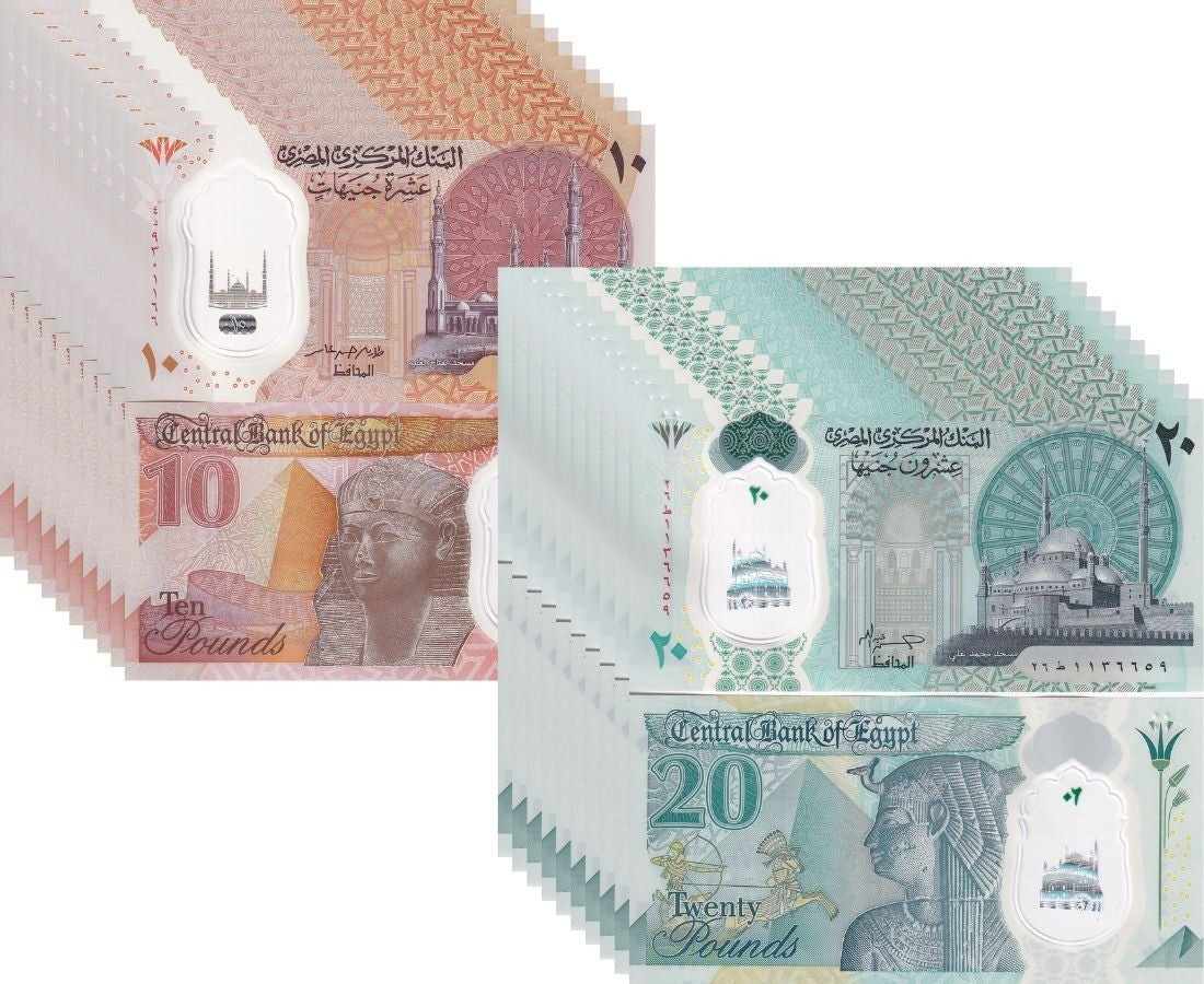 Egypt SET 2 x Lot 10 = 20 UNC 10 20 Pounds Polymer Mixed Dates P 81 82