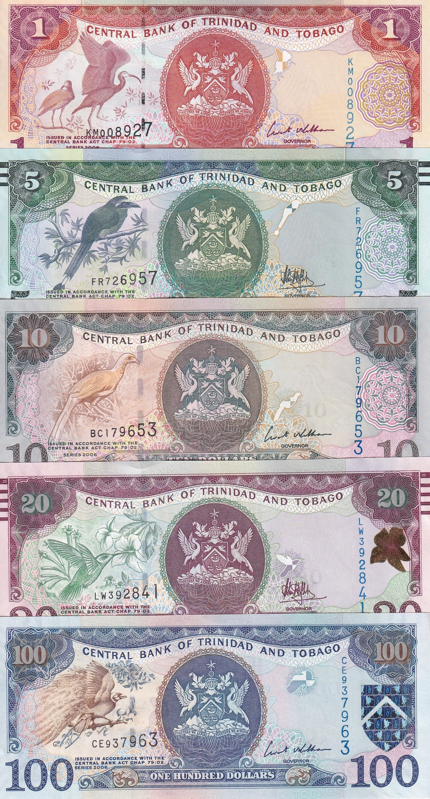 Trinidad & Tobago Set 5 UNC 1 5 10 20 100 Dollar Random Year P 46 47 48 49 51