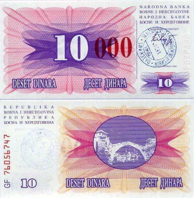 Bosnia 10000 Dinara 1993 P 53 h UNC ,Emergency Issue Handstamps