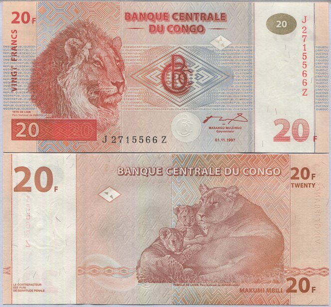 Congo 20 Francs 1997 P 88A Z Suffix REPLACEMENT UNC