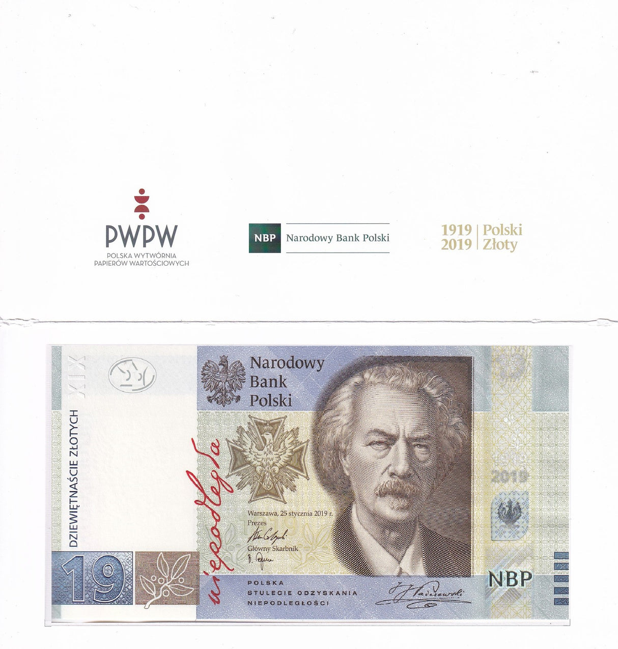 Poland 19 Zlotych 2019 100th Commemorative P 193 UNC With Folder