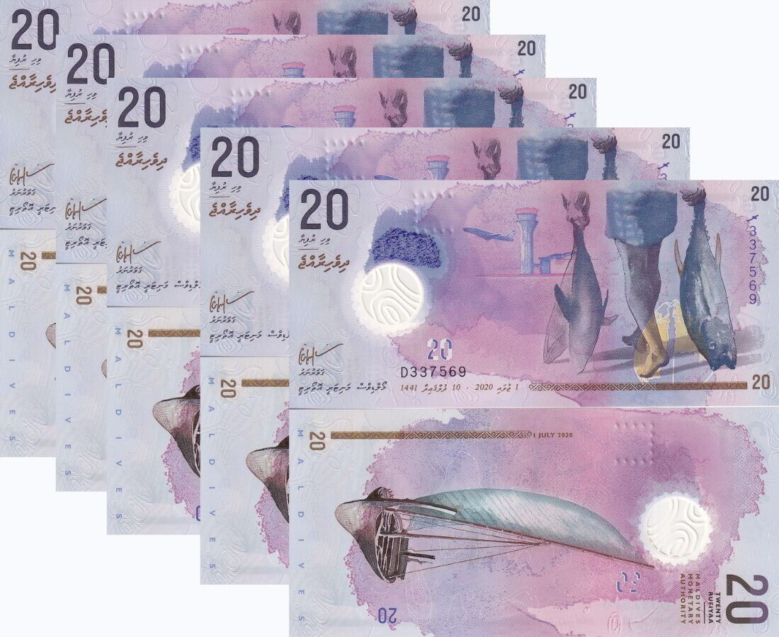 Maldives 20 Rufiyaa 2020 P 27 b Polymer UNC LOT 5 PCS