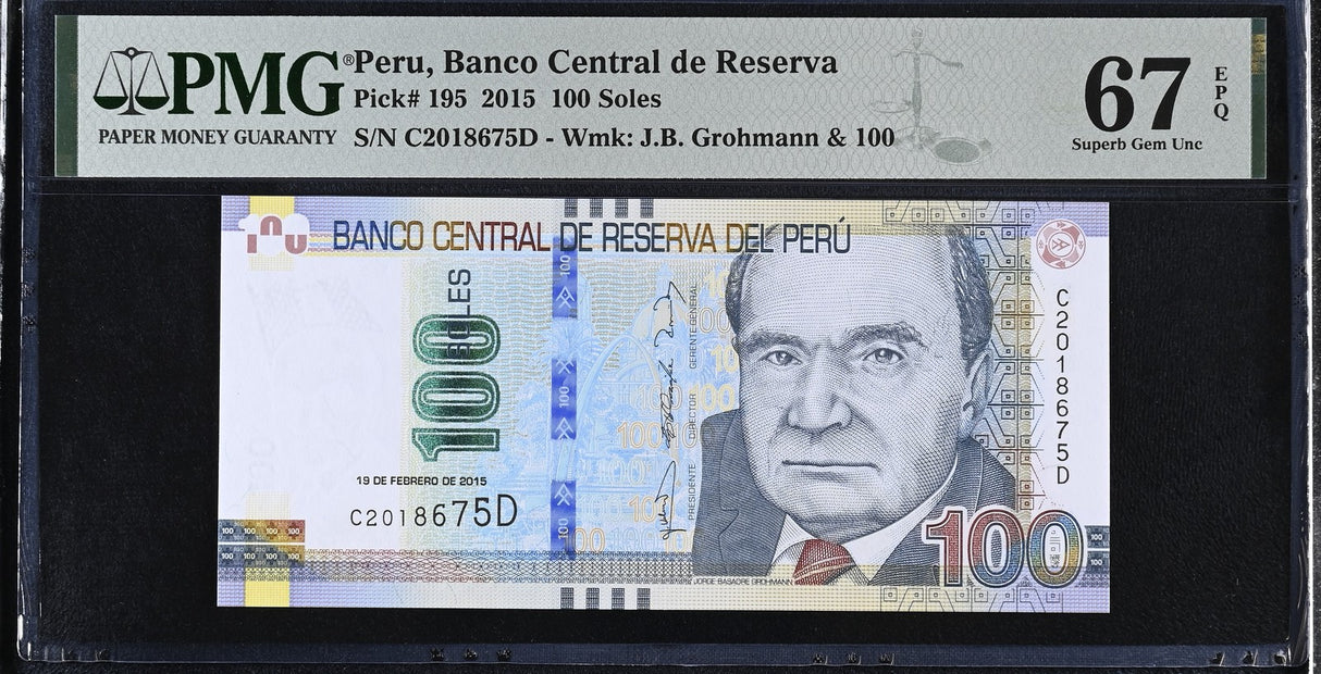 Peru 100 Soles 2015 P 195 Superb Gem UNC PMG 67 EPQ
