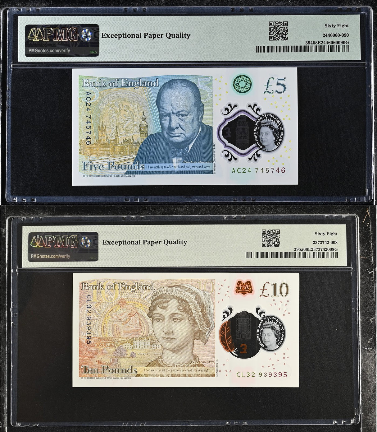 Great Britain Set 2; 5 10 Pounds 2015 2016 P 394 P 395 Superb Gem UNC PMG 68 EPQ