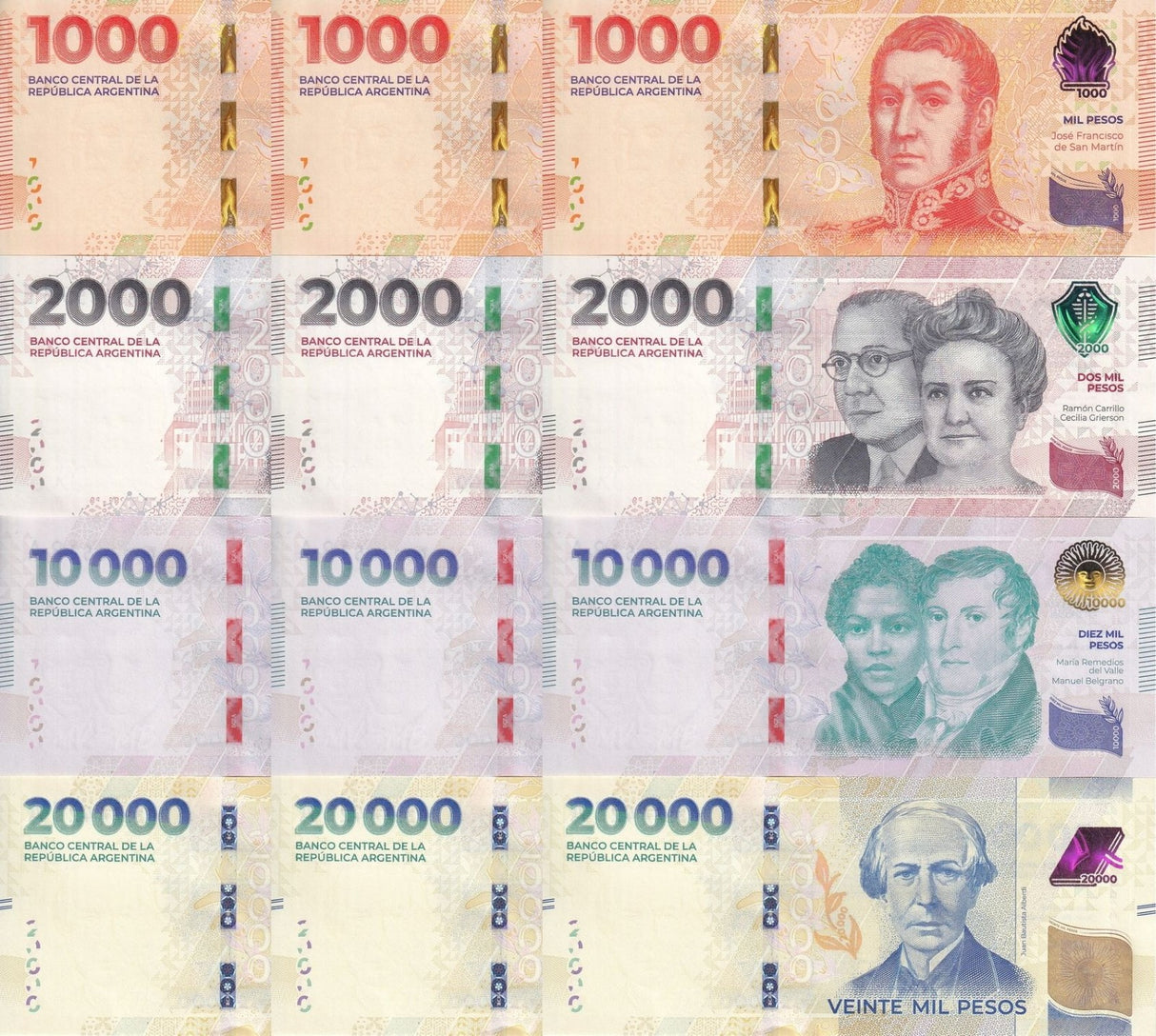 Argentina SET 4 X LOT 3 = 12 UNC 1000 2000-20000 Pesos ND 2023 2024 P 367- P 370