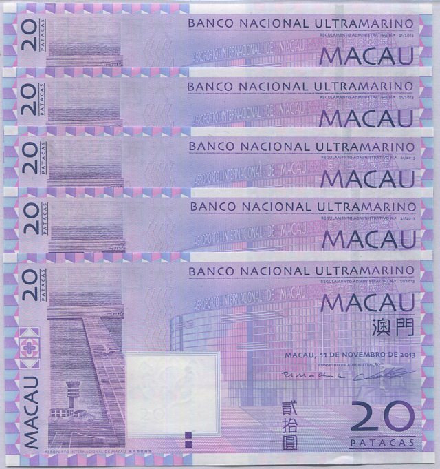 Macau 20 Patacas 2013 P 81 c BNU UNC Lot 5 PCS