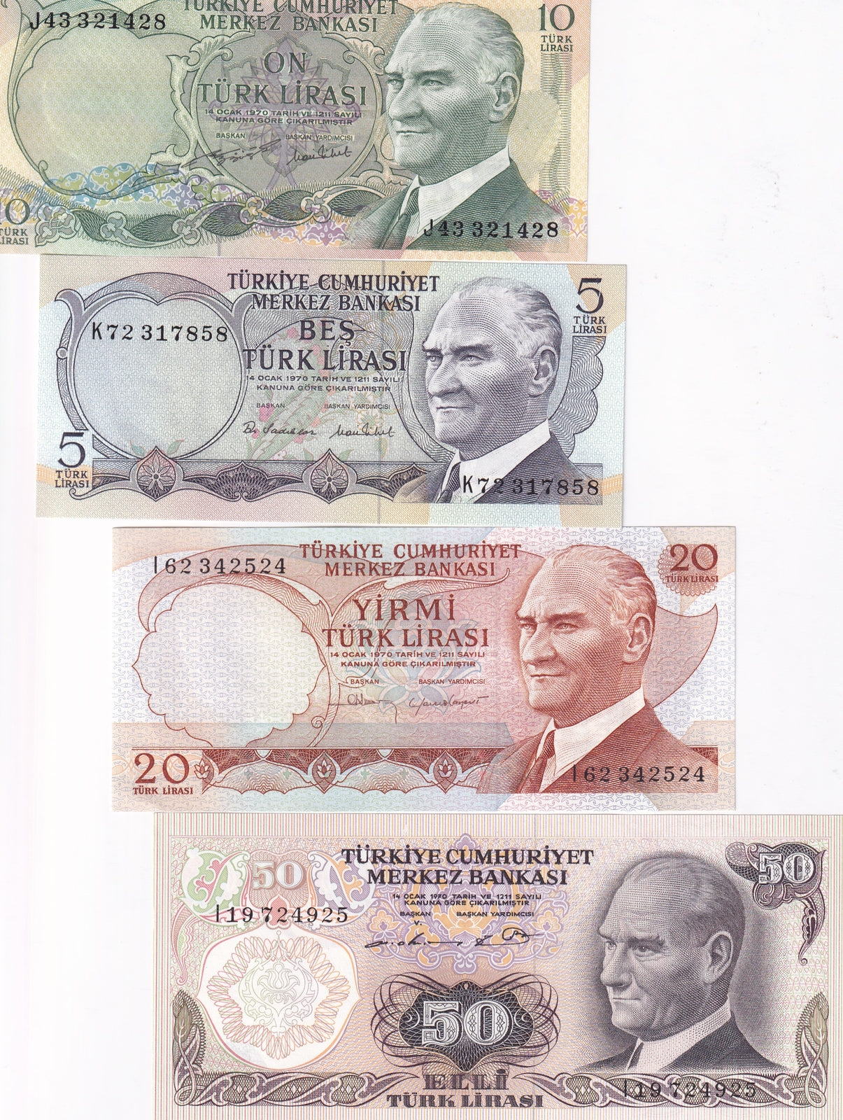 Turkey Set 4 PCS 5 10 20 50 Lira 1970 P 185 186 187 188 UNC