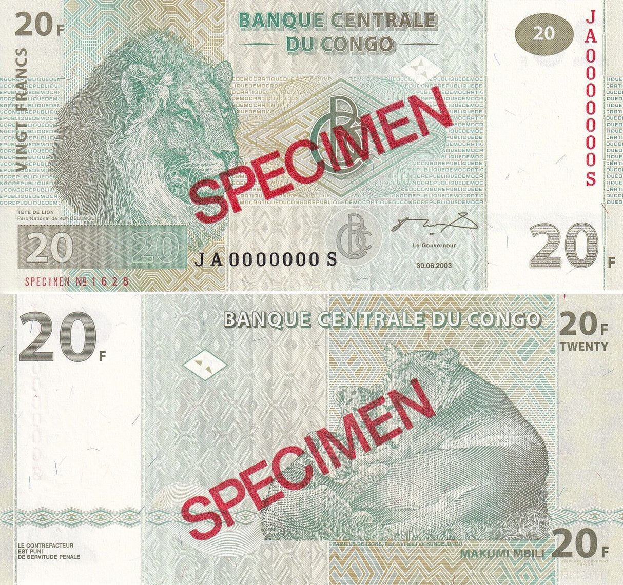 Congo 20 Francs 2003 P 94 Specimen UNC