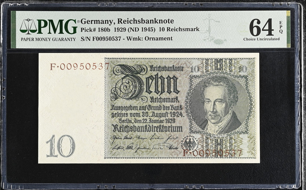 Germany 10 Rentenmark 1929 ND 1945 P 180 b Choice UNC PMG 64 EPQ
