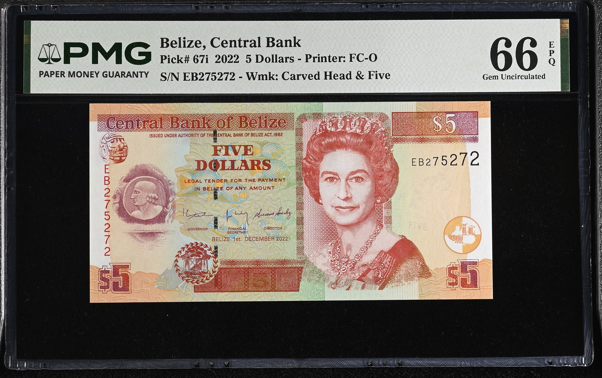 Belize 5 Dollars 2022 P 67 i Gem UNC PMG 66 EPQ