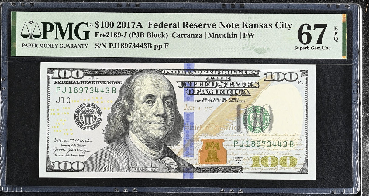 United States 100 Dollars USA 2017A P 548 J Kansas Superb Gem UNC PMG 67 EPQ