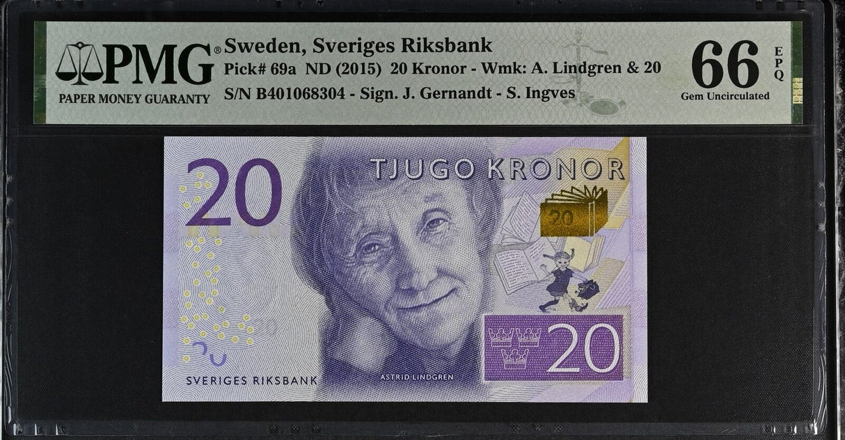 Sweden 20 Kronor ND 2015 P 69 a Gem UNC PMG 66 EPQ
