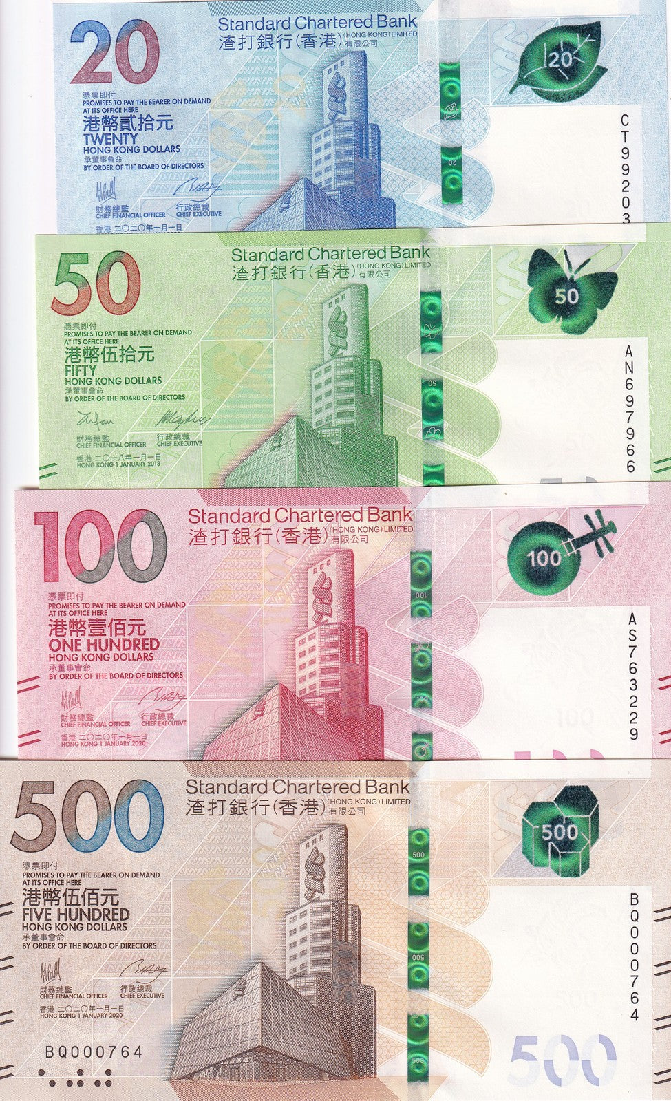 Hong Kong Set 4 UNC 20 50 100 500 Dollars Random Years P 302 303 304 305 SCB