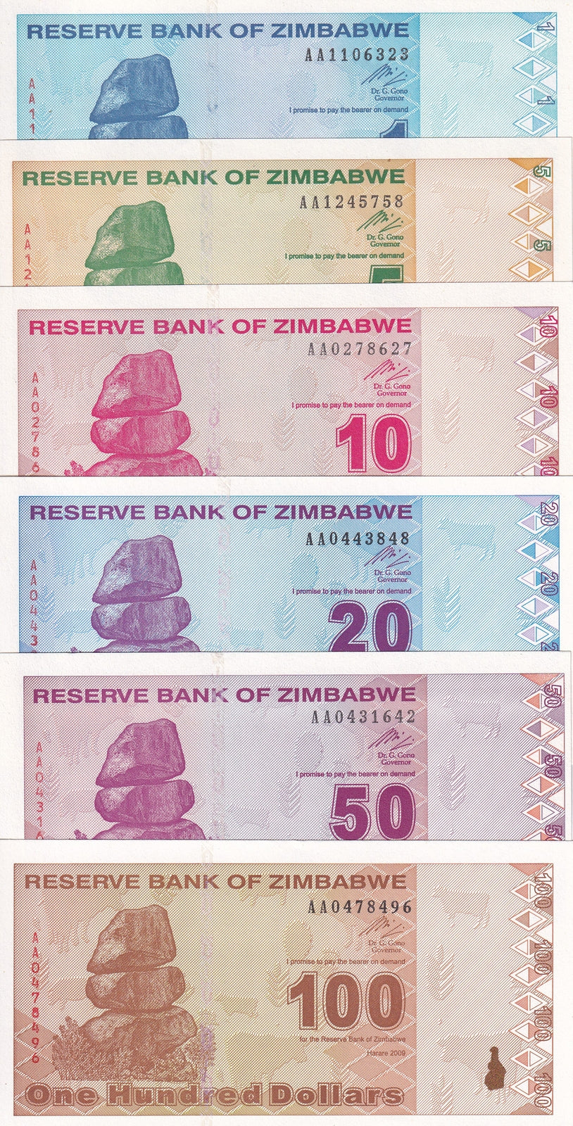 Zimbabwe Set 6 PCS 1 5 10 20 50 100 Dollars 2009 P 92 93 94 95 96 97 UNC