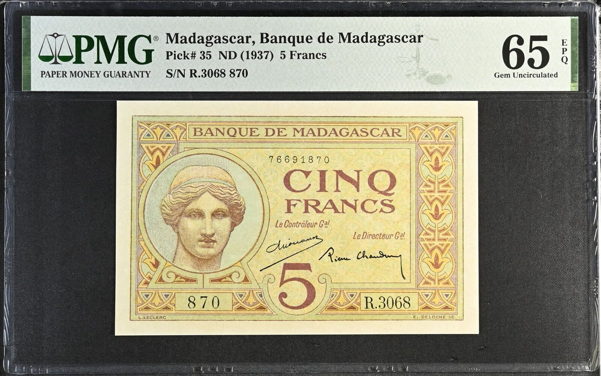 Madagascar 5 Francs ND 1937 P 35 Gem UNC PMG 65 EPQ