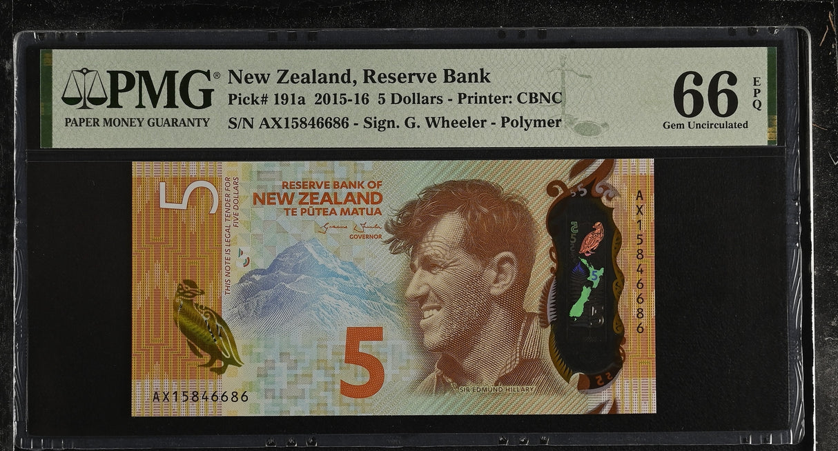 New Zealand 5 Dollars 2015 P 191 a Gem UNC PMG 66 EPQ