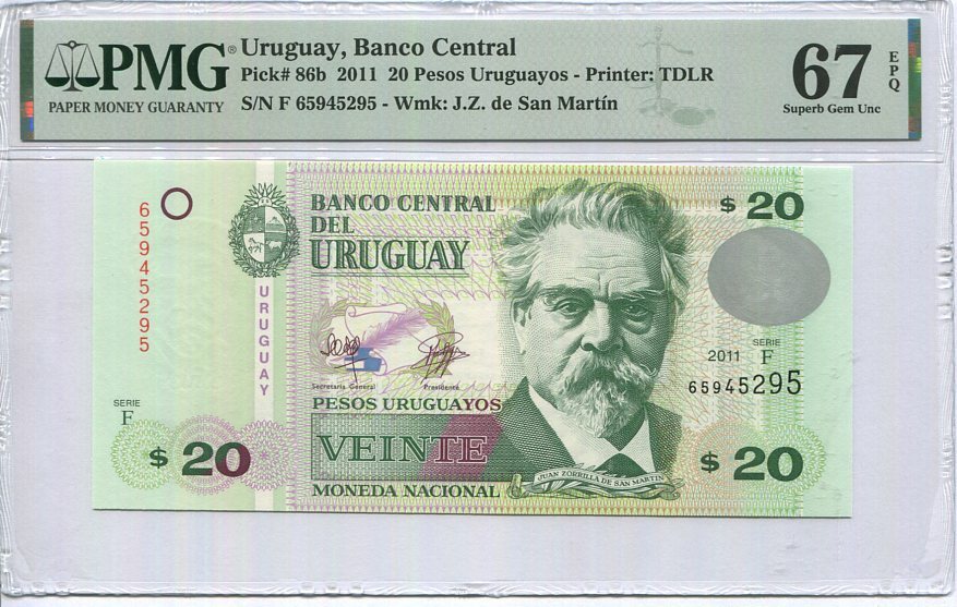 Uruguay 20 Pesos 2011 P 86 b Superb Gem UNC PMG 67 EPQ