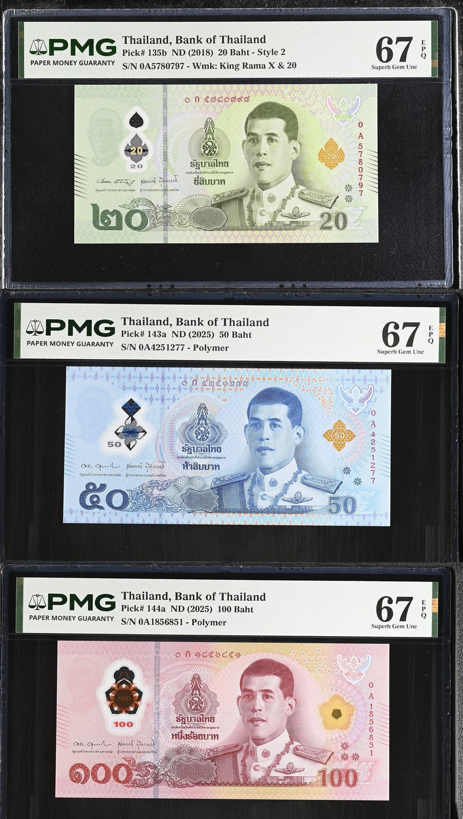 Thailand Set 3; 20 50 100 Baht ND 2025 First OA Prefix Superb Gem UNC PMG 67 EPQ