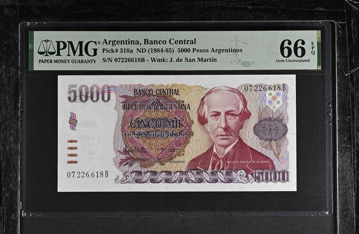 Argentina 5000 Pesos ND 1984-1985 P 318 a Gem UNC PMG 66 EPQ