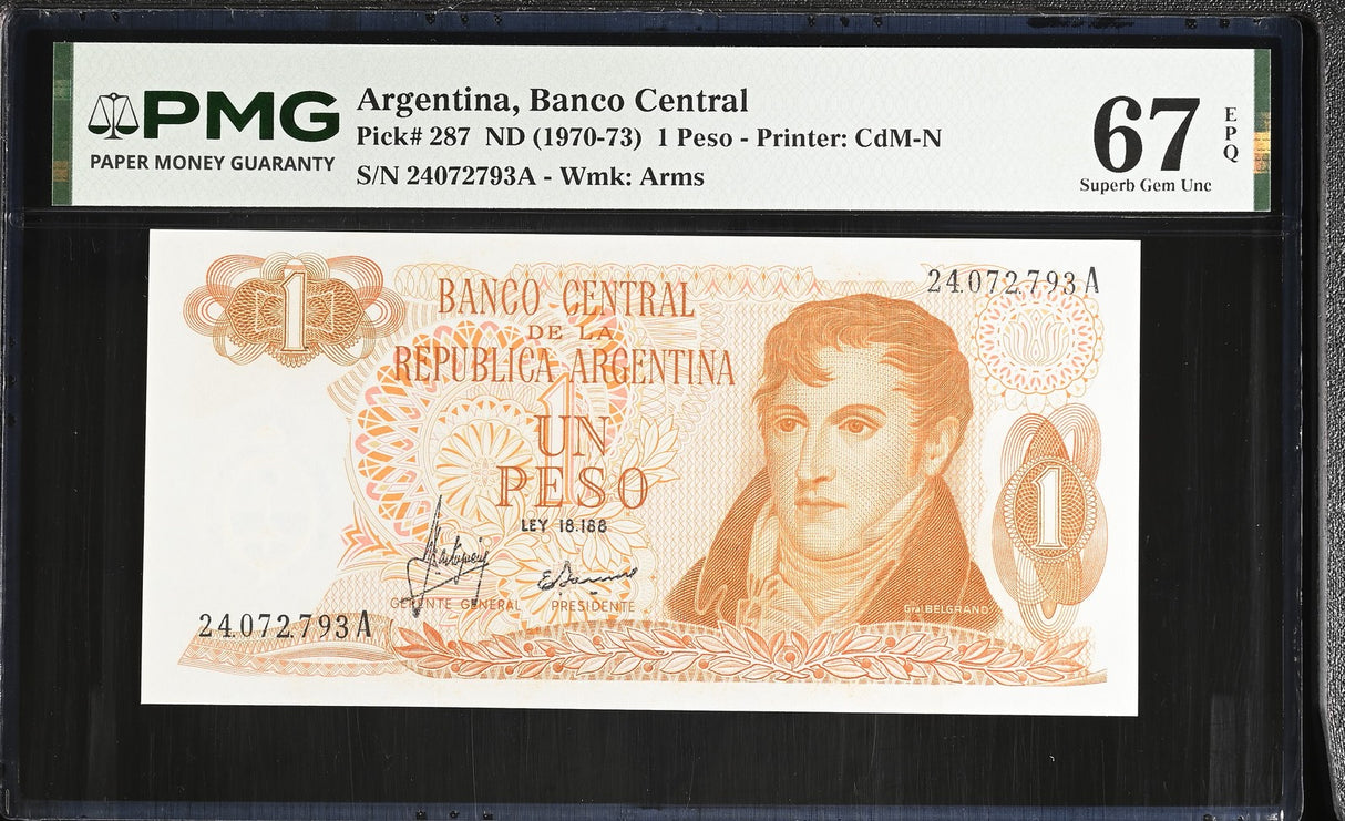 Argentina 1 Peso ND 1970-1973 P 287 Superb Gem UNC PMG 67 EPQ