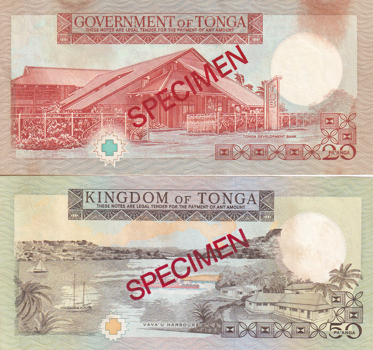 Tonga Set 2 UNC 20 50 Pa'anga ND 1985-1998 P 23 24 SPECIMEN UNC