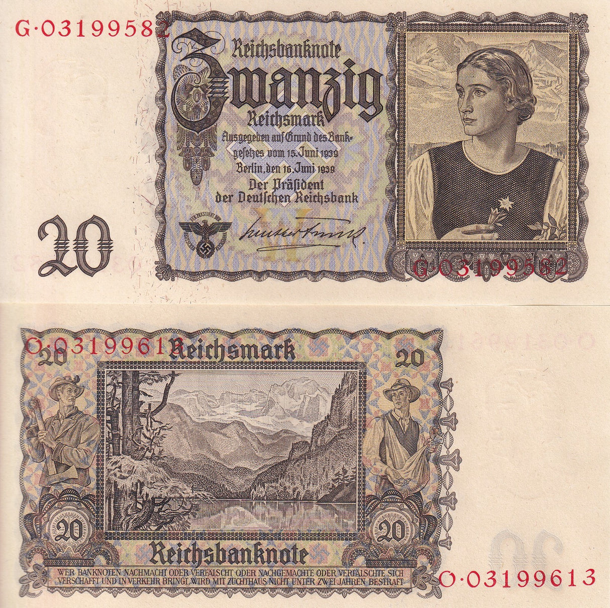 Germany 20 Reichsmark 1939 P 185 UNC