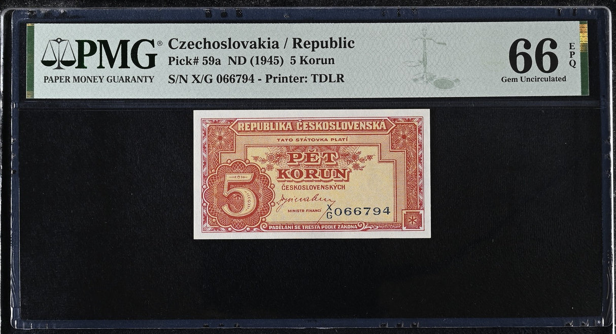 Czechoslovakia 5 Korun ND 1945 P 59 a Gem UNC PMG 66 EPQ