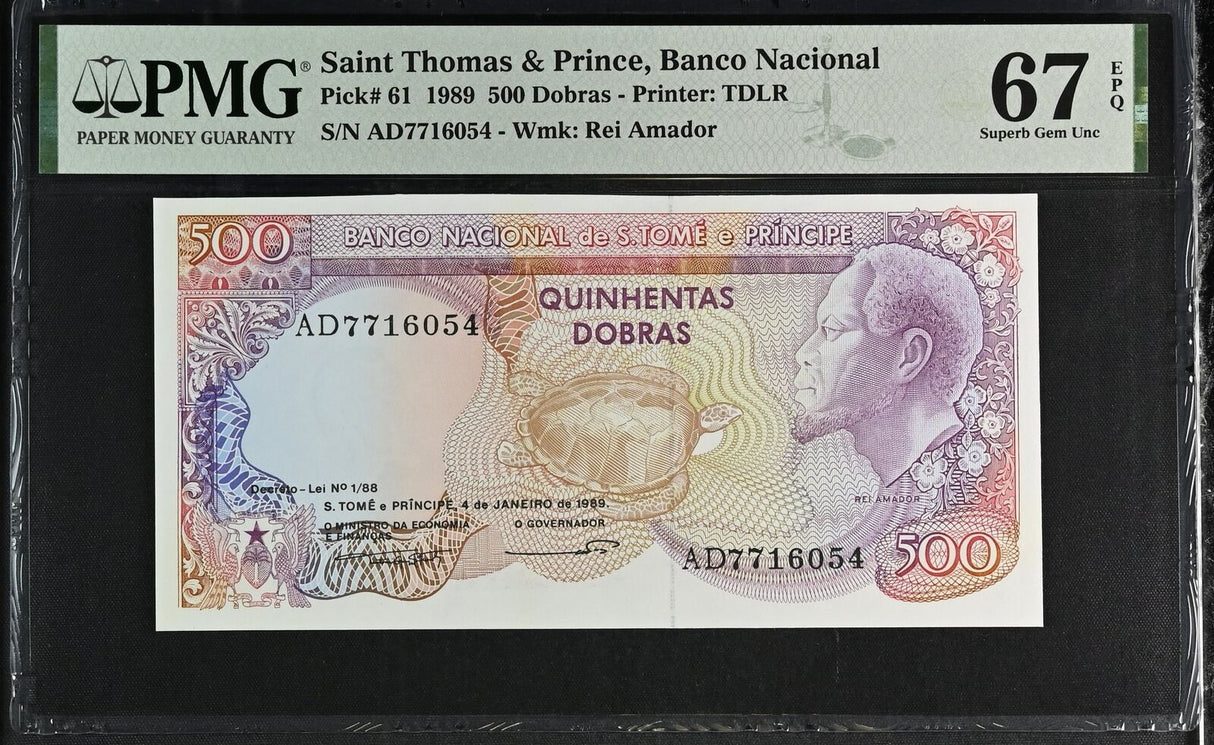 Saint Thomas & Prince 500 Dobras 1989 P 61 Superb GEM UNC PMG 67 EPQ